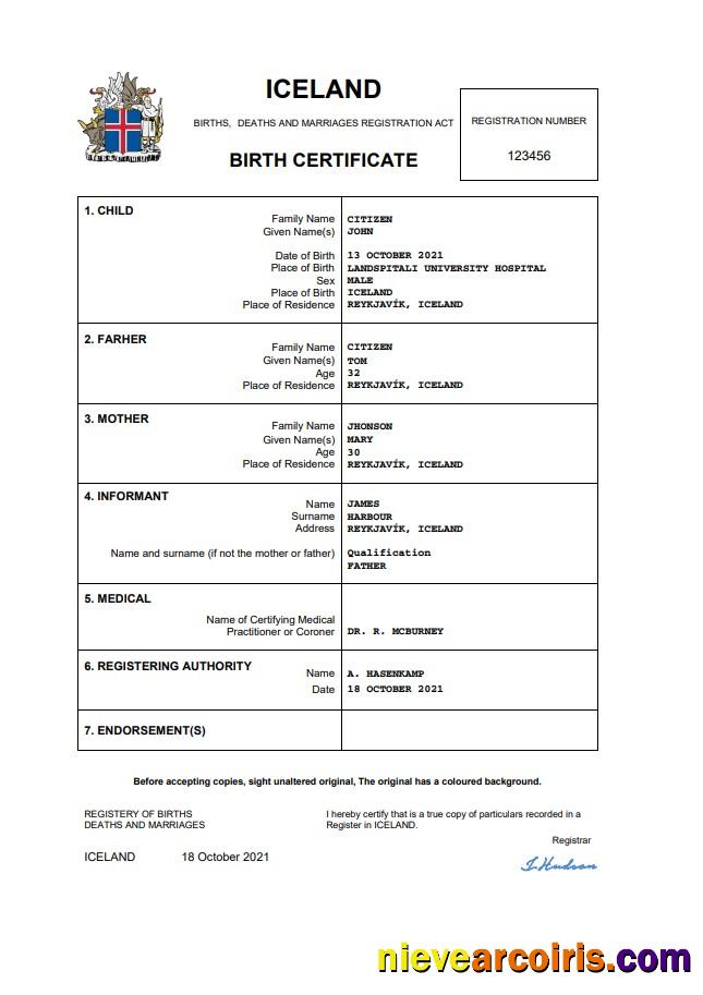 Iceland birth certificate